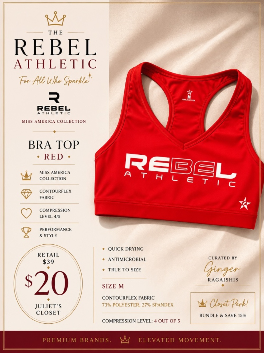 Rebel Athletic Miss America Red Sports Bra Top Size M